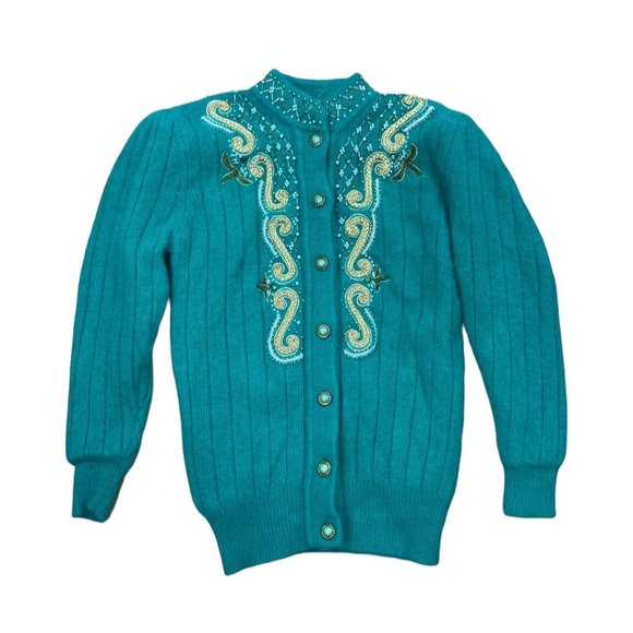 *Vintage Belldini Angora Embellished Button Cardigan Sweater M Green Gold Jewel - Picture 3 of 11